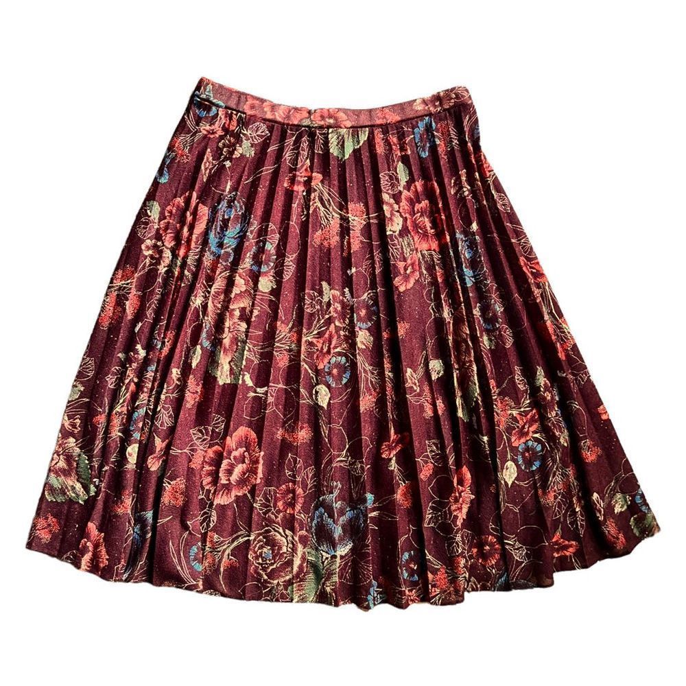 70s Vintage Accordion Pleated Midi Skirt in Semi-Sheer Maroon Floral Polyester